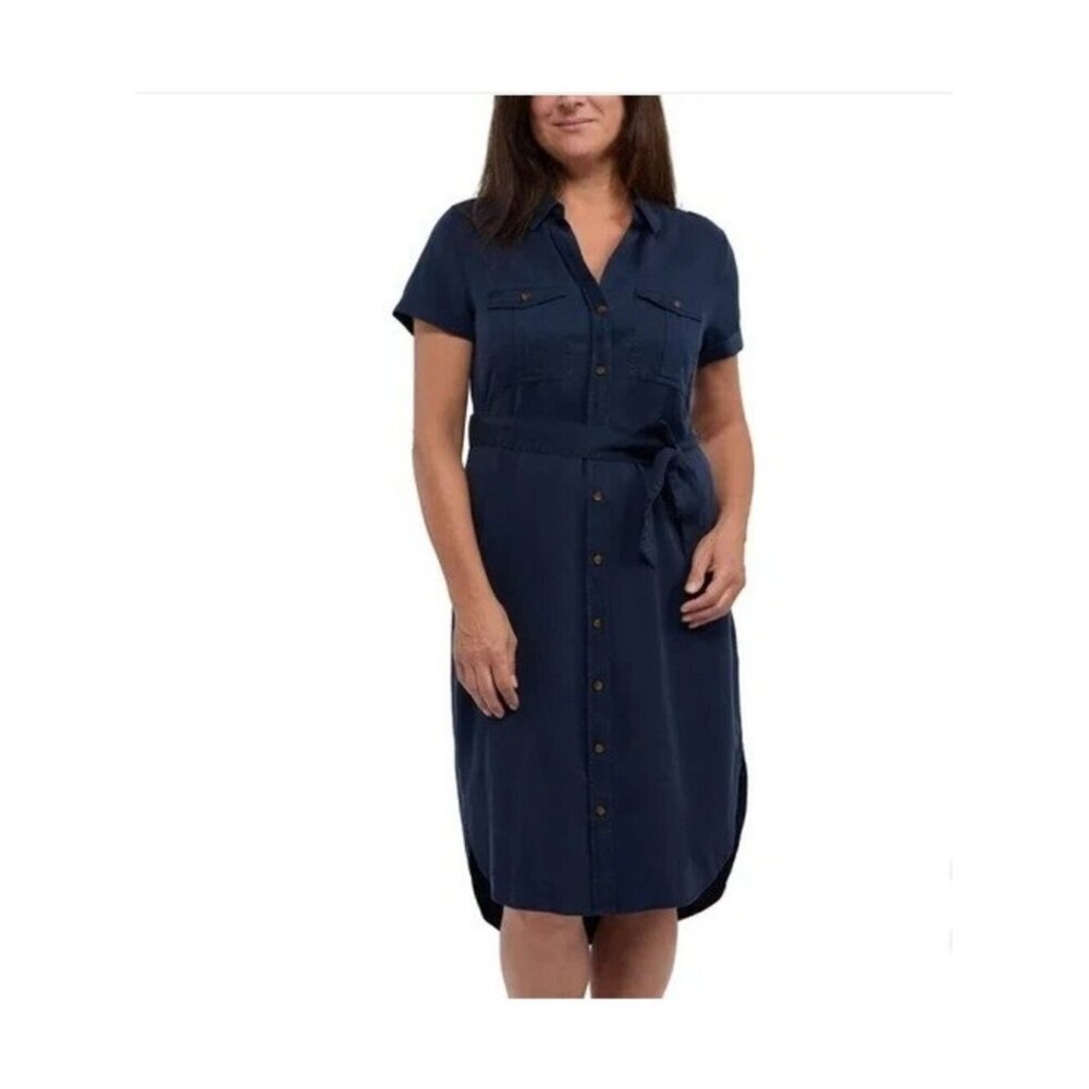 Teddy Rose Women's L Navy Blue Button-Down Tencel Midi Shirt Dress Belted J1993
